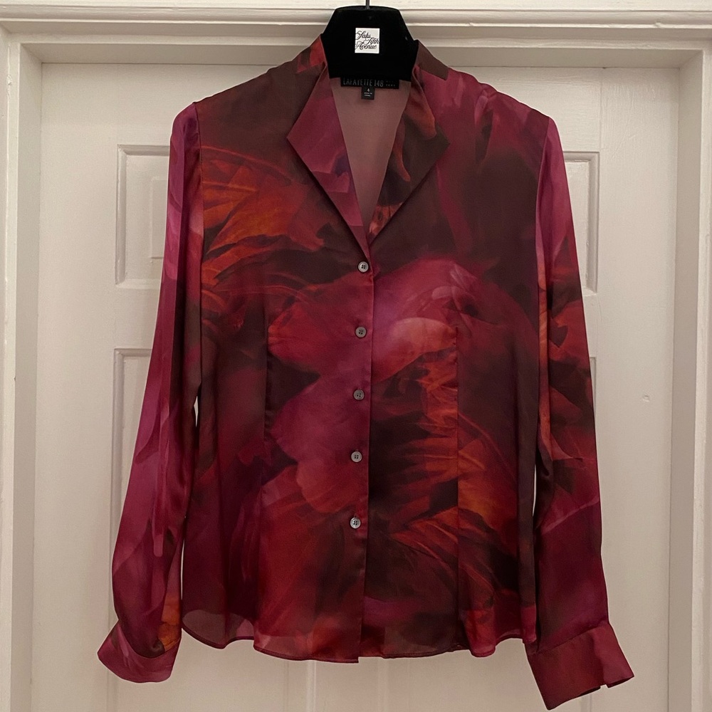 Lafayette 148 New York Sheer Floral Button-Down Blouse in Burgundy and Red